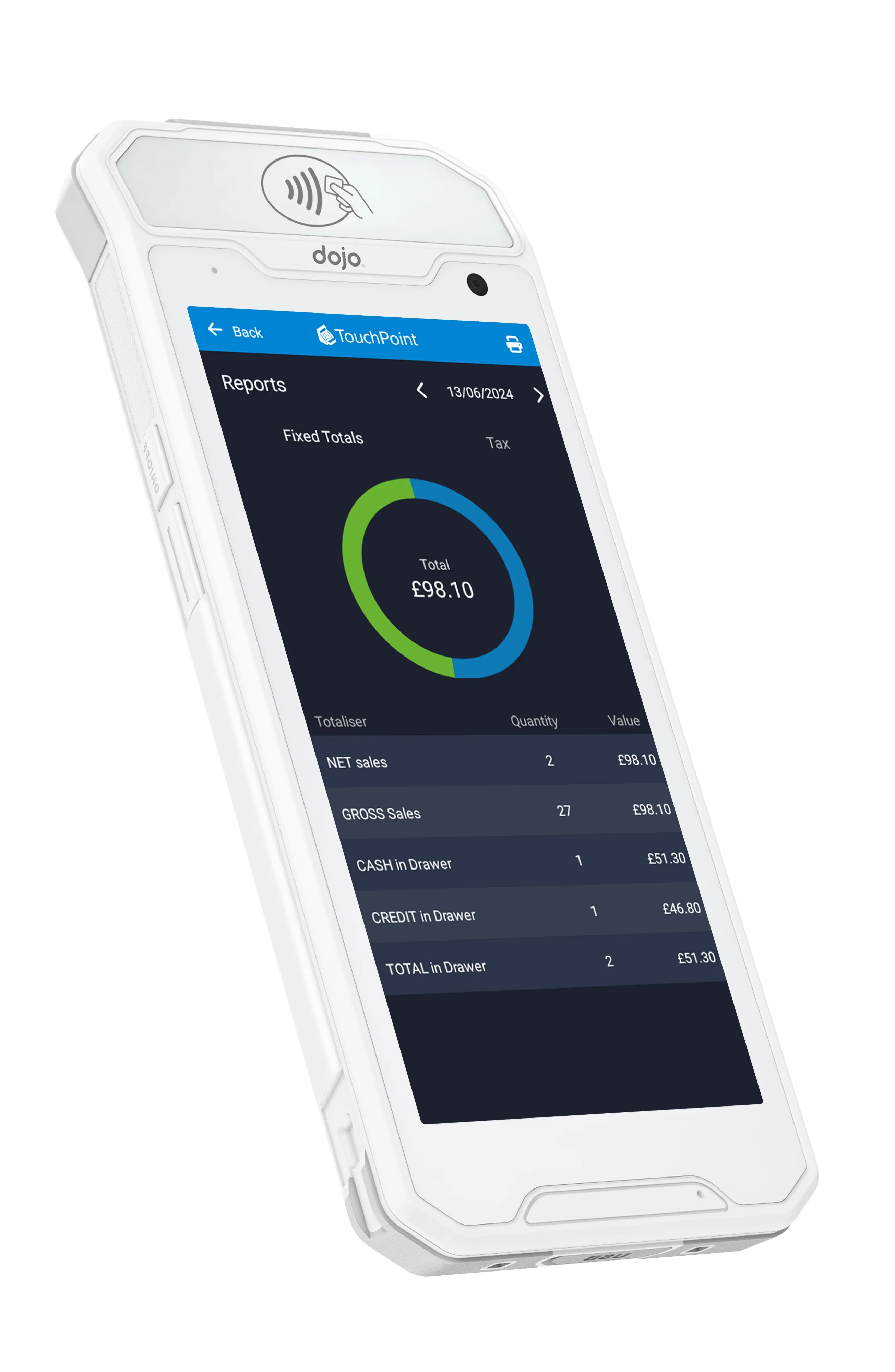 Dojo card machine receiving totals from an EPOS till